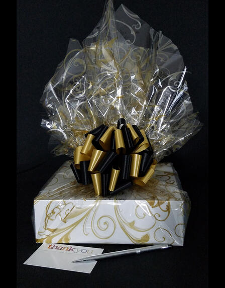 Medium Box - Gold Swirl Cellophane - Black & Gold Bow - 18 Cookies and Brownies