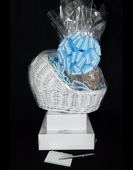 Baby Bassinet - Large Tower - Baby Blue Bow - 60 Cookies and Brownies