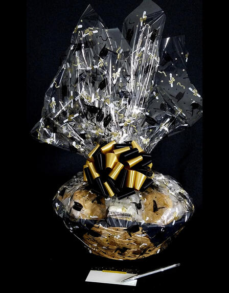 Large Basket - Graduation Cap Cellophane - Black & Gold Bow - 36 Cookies and Brownies