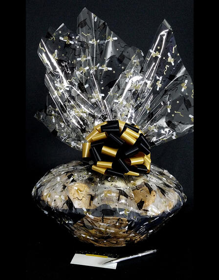 Super Basket - Graduation Cap Cellophane - Black & Gold Bow - 60 Cookies and Brownies