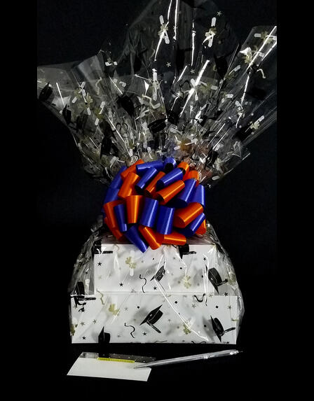 Large Tower - Graduation Cap Cellophane - Blue & Orange Bow - 36 Cookies and Brownies