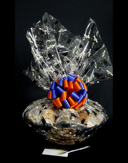 Super Basket - Graduation Cap Cellophane - Blue & Orange Bow - 60 Cookies and Brownies