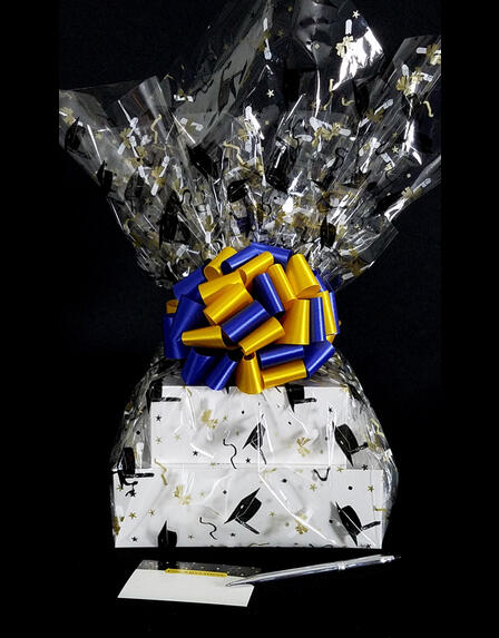 Large Tower - Graduation Cap Cellophane - Blue & Yellow Bow - 36 Cookies and Brownies