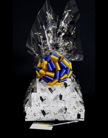 Super Tower - Graduation Cap Cellophane - Blue & Yellow Bow - 72 Cookies and Brownies