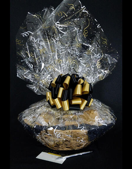 Super Basket - Black & Gold Confetti Cellophane - Black & Gold Bow - 60 Cookies and Brownies