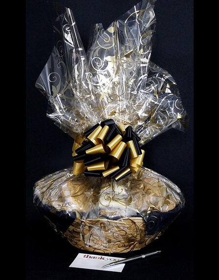 Large Basket - Gold Swirl Cellophane - Black & Gold Bow - 36 Cookies and Brownies