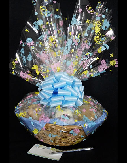 Large Basket - Baby Cellophane - Baby Blue Bow - 36 Cookies and Brownies