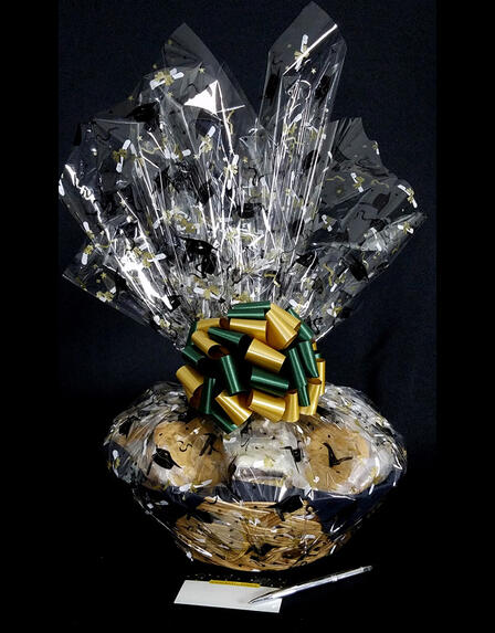 Large Basket - Graduation Cap Cellophane - Green & Gold Bow - 36 Cookies and Brownies