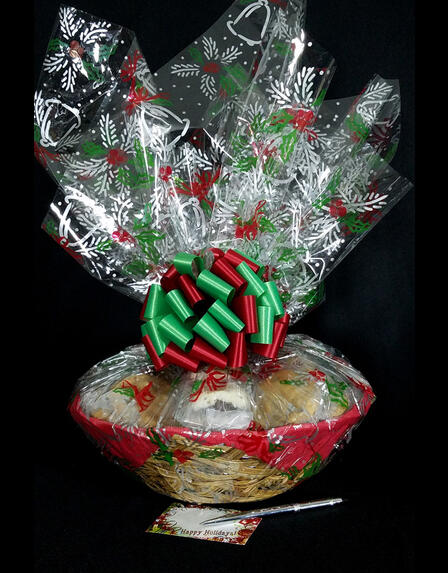Large Basket - Holly & Berries Cellophane - Red & Green Bow - 36 Cookies and Brownies