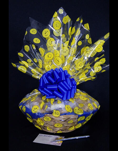 Large Basket - Smiley Cellophane - Blue Bow - 36 Cookies and Brownies