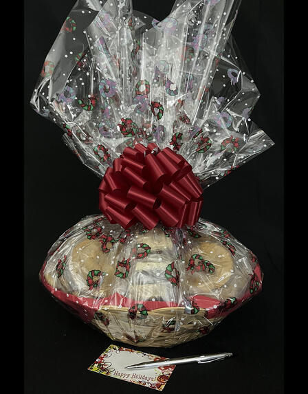 Large Basket - Holiday Wreaths Cellophane - Red Bow - 36 Cookies and Brownies
