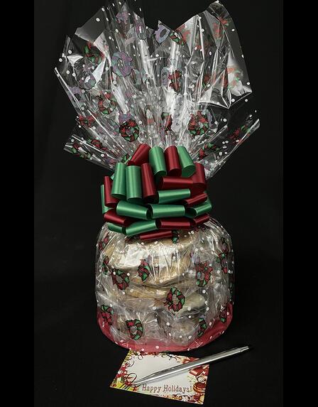 Large Cellophane - Holiday Wreaths Cellophane - Red & Green Bow - 30 Cookies and Brownies